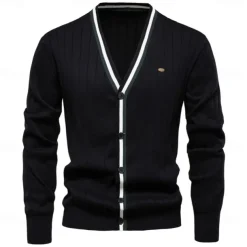 Men's Cardigan Sweater Knit Button Up with White Trim Striped Deep V Knitwear Elegant School Training Clothing Apparel Bishop Sleeve Fall Winter Black Navy Blue S M L