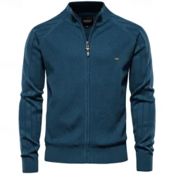 Men's Cardigan Sweater Ribbed Cable Knit Zipper Jacquard Solid Color Turndown Knitwear Neutral Outdoor Causal Clothing Apparel T-shirt Sleeve Winter Spring & Fall Black Navy Blue S M L