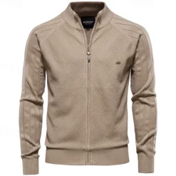 Men's Cardigan Sweater Ribbed Cable Knit Zipper Jacquard Solid Color Turndown Knitwear Neutral Outdoor Causal Clothing Apparel T-shirt Sleeve Winter Spring & Fall Black Navy Blue S M L