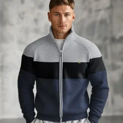 Men's Cardigan Sweater Zip Sweater Knit Patchwork Zipper Color Block Turtleneck Knitwear Elegant School Training Clothing Apparel Bishop Sleeve Fall Winter Navy Blue Royal Blue S M L