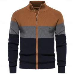 Men's Cardigan Sweater Zip Sweater Knit Patchwork Zipper Color Block Turtleneck Knitwear Elegant School Training Clothing Apparel Bishop Sleeve Fall Winter Navy Blue Royal Blue S M L