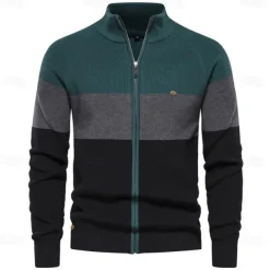 Men's Cardigan Sweater Zip Sweater Knit Patchwork Zipper Color Block Turtleneck Knitwear Elegant School Training Clothing Apparel Bishop Sleeve Fall Winter Navy Blue Royal Blue S M L