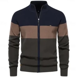 Men's Cardigan Sweater Zip Sweater Knit Patchwork Zipper Color Block Turtleneck Knitwear Elegant School Training Clothing Apparel Bishop Sleeve Fall Winter Navy Blue Royal Blue S M L