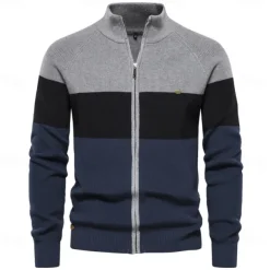 Men's Cardigan Sweater Zip Sweater Knit Patchwork Zipper Color Block Turtleneck Knitwear Elegant School Training Clothing Apparel Bishop Sleeve Fall Winter Navy Blue Royal Blue S M L