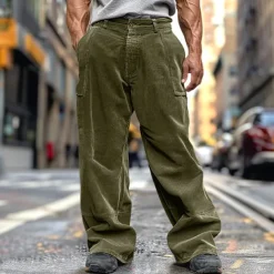 Men's Cargo Pants Corduroy Pants Trousers Baggy Pants Casual Pants Pocket Elastic Waist Straight Leg Plain Comfort Soft Full Length Outdoor Daily Going out Fashion Streetwear Army Green Brown