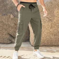 Men's Cargo Pants Joggers Trousers Casual Pants Drawstring Elastic Waist Multi Pocket Plain Comfort Soft Full Length Outdoor Daily Running Fashion Streetwear Black Green