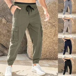 Men's Cargo Pants Joggers Trousers Casual Pants Drawstring Elastic Waist Multi Pocket Plain Comfort Soft Full Length Outdoor Daily Running Fashion Streetwear Black Green