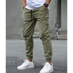 Men's Cargo Pants Trousers Elastic Waist Multi Pocket Plain Wearable Outdoor Daily Casual Dark Brown Black