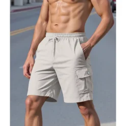 Men's Cargo Shorts Shorts Summer Shorts Drawstring Elastic Waist Multi Pocket Plain Comfort Wearable Knee Length Outdoor Sport Daily Fashion Casual Black White