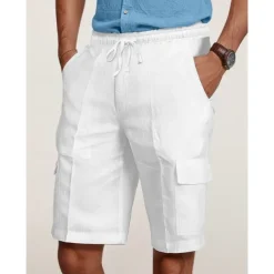 Men's Cargo Shorts Shorts Linen Shorts Summer Shorts Beach Shorts Drawstring Elastic Waist Multi Pocket Plain Knee Length Outdoor Casual Daily Vacation Casual Black White Inelastic