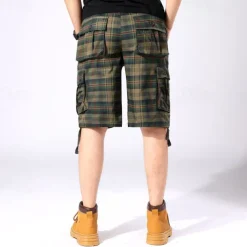 Men's Cargo Shorts Shorts Work Shorts Hiking Shorts Buttons Multi Pocket Plaid Wearable Knee Length Outdoor Daily Camping & Hiking Fashion Classic Green Khaki