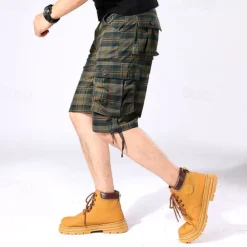 Men's Cargo Shorts Shorts Work Shorts Hiking Shorts Buttons Multi Pocket Plaid Wearable Knee Length Outdoor Daily Camping & Hiking Fashion Classic Green Khaki