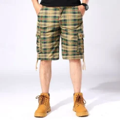 Men's Cargo Shorts Shorts Work Shorts Hiking Shorts Buttons Multi Pocket Plaid Wearable Knee Length Outdoor Daily Camping & Hiking Fashion Classic Green Khaki