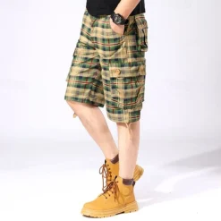 Men's Cargo Shorts Shorts Work Shorts Hiking Shorts Buttons Multi Pocket Plaid Wearable Knee Length Outdoor Daily Camping & Hiking Fashion Classic Green Khaki