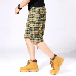 Men's Cargo Shorts Shorts Work Shorts Hiking Shorts Buttons Multi Pocket Plaid Wearable Knee Length Outdoor Daily Camping & Hiking Fashion Classic Green Khaki