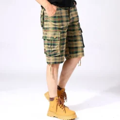 Men's Cargo Shorts Shorts Work Shorts Hiking Shorts Buttons Multi Pocket Plaid Wearable Knee Length Outdoor Daily Camping & Hiking Fashion Classic Green Khaki