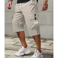 Men's Cargo Shorts Summer Shorts Capri shorts Drawstring Elastic Waist Multi Pocket Plain Comfort Wearable Calf-Length Outdoor Sport Daily Fashion Casual Black Khaki