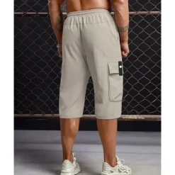 Men's Cargo Shorts Summer Shorts Capri shorts Drawstring Elastic Waist Multi Pocket Plain Comfort Wearable Calf-Length Outdoor Sport Daily Fashion Casual Black Khaki