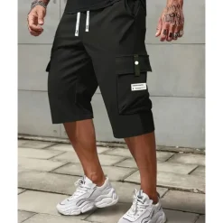 Men's Cargo Shorts Summer Shorts Capri shorts Drawstring Elastic Waist Multi Pocket Plain Comfort Wearable Calf-Length Outdoor Sport Daily Fashion Casual Black Khaki