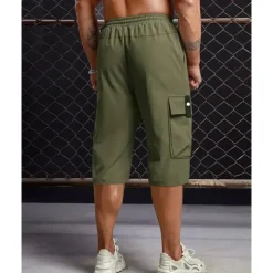 Men's Cargo Shorts Summer Shorts Capri shorts Drawstring Elastic Waist Multi Pocket Plain Comfort Wearable Calf-Length Outdoor Sport Daily Fashion Casual Black Khaki