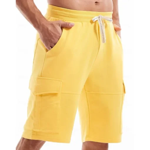 Men's Cargo Shorts Sweat Shorts Workout Shorts Casual Shorts Drawstring Elastic Waist Multi Pocket Plain Comfort Breathable Knee Length Casual Daily Holiday Sports Fashion Black Yellow Micro-elastic