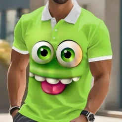 Men's Cartoon Funny Smile Face Polo Short Sleeve Polo Shirts Lapel Ugly Casual Resort Outdoor Street Gift Athleisure 3D Print Buttons Summer Black Blue Purple