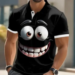Men's Cartoon Funny Smile Face Polo Short Sleeve Polo Shirts Lapel Ugly Casual Resort Outdoor Street Gift Athleisure 3D Print Buttons Summer Black Blue Purple