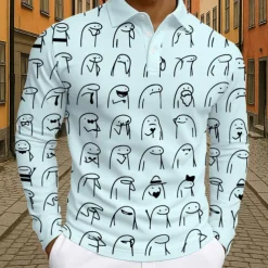 Men's Cartoon Polo Long Sleeve Polo Shirts Lapel Casual Athleisure Daily Wear 3D Print Buttons Spring Fall Winter Black White Light Green