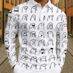 Men's Cartoon Polo Long Sleeve Polo Shirts Lapel Casual Athleisure Daily Wear 3D Print Buttons Spring Fall Winter Black White Light Green