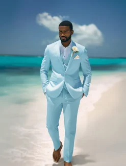 Men's Casual Beach Wedding Suits Notch Lapel Sky Blue Fashion Casual Solid Colored Standard Fit 3 Piece Single Breasted One-button
