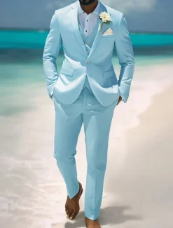 Men's Casual Beach Wedding Suits Notch Lapel Sky Blue Fashion Casual Solid Colored Standard Fit 3 Piece Single Breasted One-button