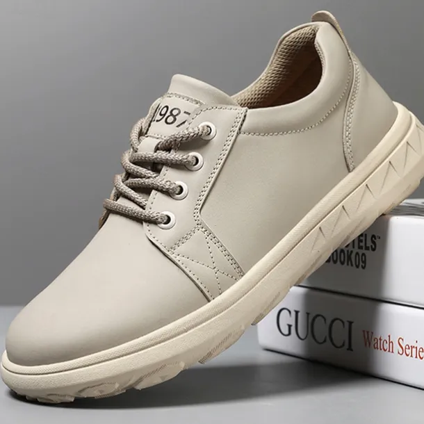 Men's Casual Beige Leather Sneakers with Lace-Up Design - Perfect for Everyday Comfort and Leisure Activities
