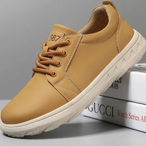 Men's Casual Beige Leather Sneakers with Lace-Up Design - Perfect for Everyday Comfort and Leisure Activities