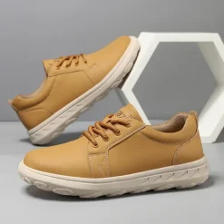 Men's Casual Beige Leather Sneakers with Lace-Up Design - Perfect for Everyday Comfort and Leisure Activities