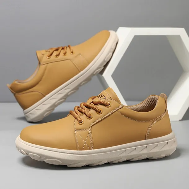 Men's Casual Beige Leather Sneakers with Lace-Up Design - Perfect for Everyday Comfort and Leisure Activities