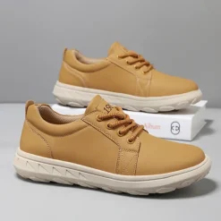 Men's Casual Beige Leather Sneakers with Lace-Up Design - Perfect for Everyday Comfort and Leisure Activities