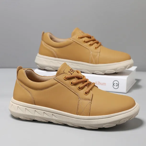 Men's Casual Beige Leather Sneakers with Lace-Up Design - Perfect for Everyday Comfort and Leisure Activities