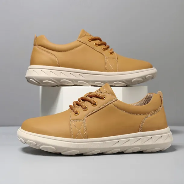 Men's Casual Beige Leather Sneakers with Lace-Up Design - Perfect for Everyday Comfort and Leisure Activities