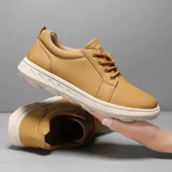 Men's Casual Beige Leather Sneakers with Lace-Up Design - Perfect for Everyday Comfort and Leisure Activities