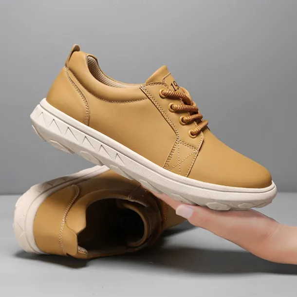 Men's Casual Beige Leather Sneakers with Lace-Up Design - Perfect for Everyday Comfort and Leisure Activities