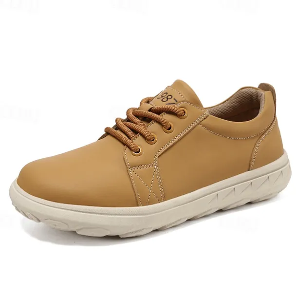 Men's Casual Beige Leather Sneakers with Lace-Up Design - Perfect for Everyday Comfort and Leisure Activities