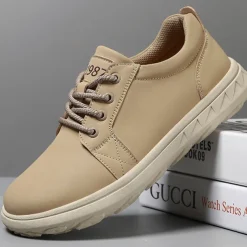Men's Casual Beige Leather Sneakers with Lace-Up Design - Perfect for Everyday Comfort and Leisure Activities
