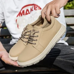 Men's Casual Beige Leather Sneakers with Lace-Up Design - Perfect for Everyday Comfort and Leisure Activities