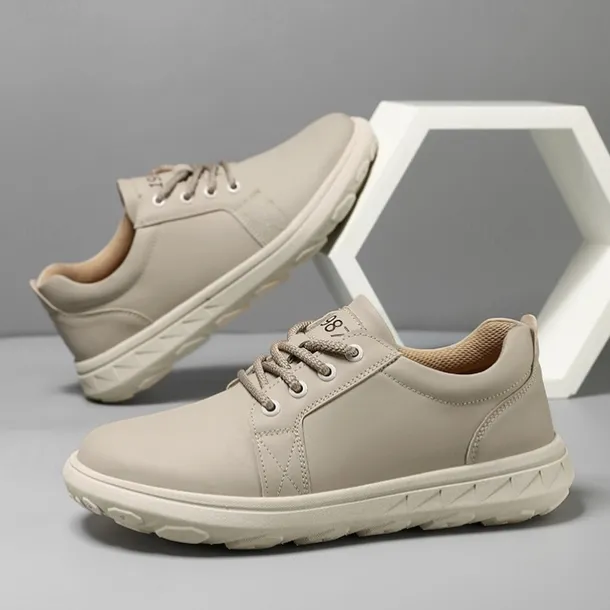 Men's Casual Beige Leather Sneakers with Lace-Up Design - Perfect for Everyday Comfort and Leisure Activities