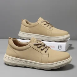 Men's Casual Beige Leather Sneakers with Lace-Up Design - Perfect for Everyday Comfort and Leisure Activities