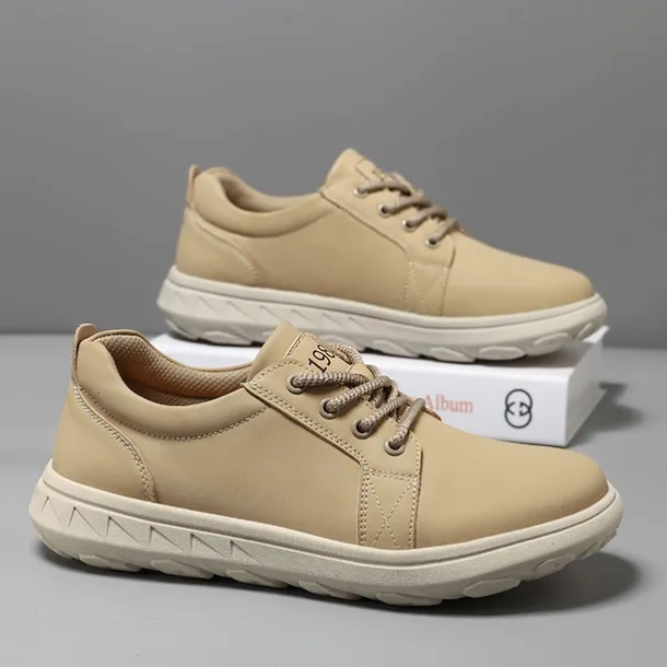 Men's Casual Beige Leather Sneakers with Lace-Up Design - Perfect for Everyday Comfort and Leisure Activities