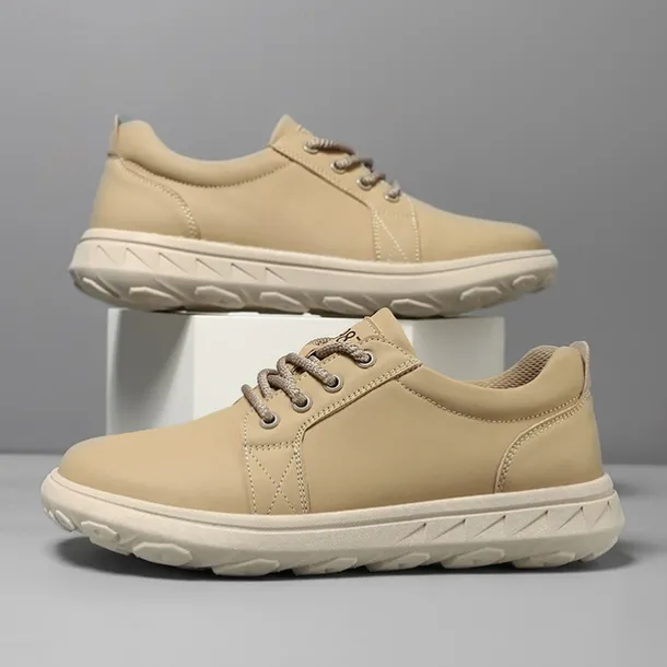 Men's Casual Beige Leather Sneakers with Lace-Up Design - Perfect for Everyday Comfort and Leisure Activities