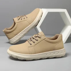 Men's Casual Beige Leather Sneakers with Lace-Up Design - Perfect for Everyday Comfort and Leisure Activities