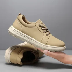 Men's Casual Beige Leather Sneakers with Lace-Up Design - Perfect for Everyday Comfort and Leisure Activities