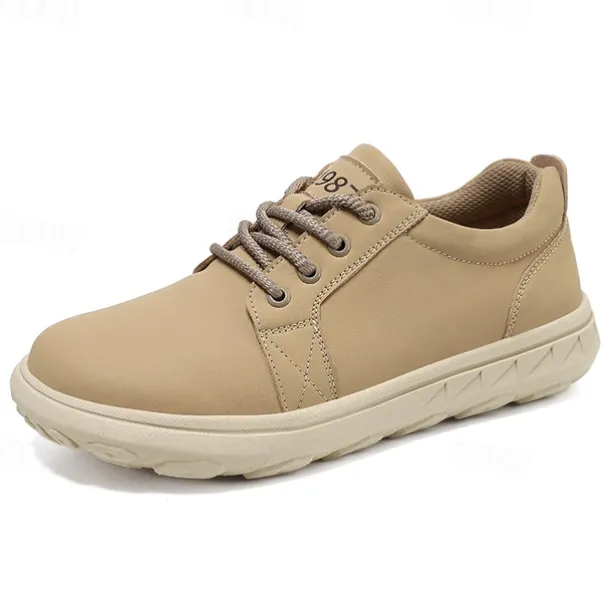 Men's Casual Beige Leather Sneakers with Lace-Up Design - Perfect for Everyday Comfort and Leisure Activities